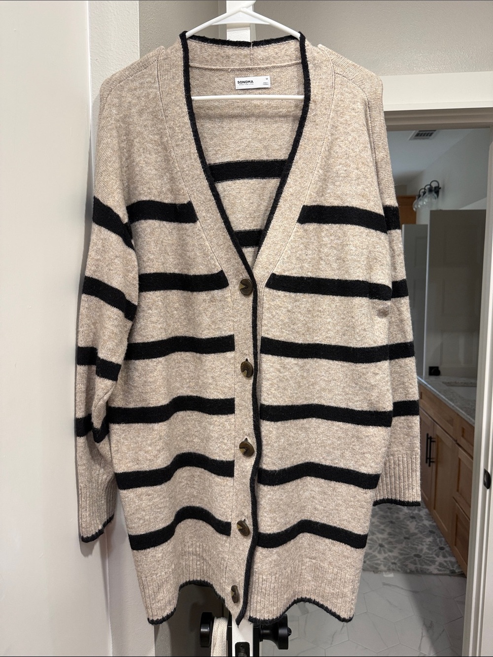 Sonoma Beige and Black Striped Button-Front Cardigan